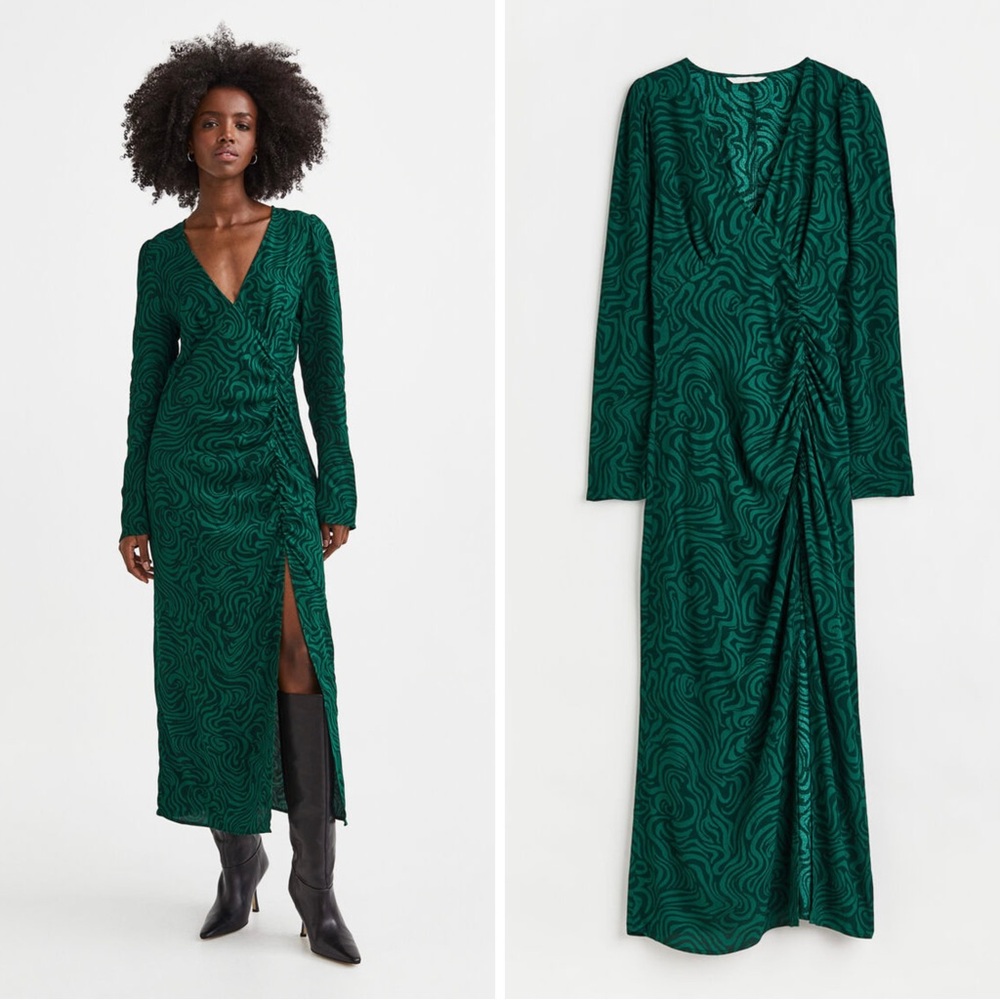 H&M Green Crêpe Midi Dress Long Puffy Sleeves Ruched Slit Skirt Size XXL BNWT